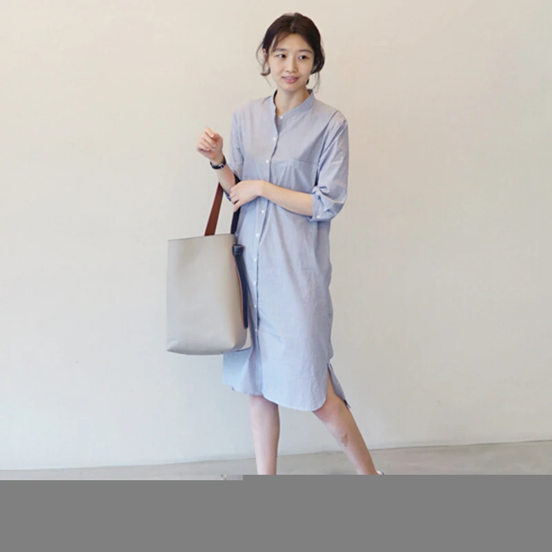 

Женское платье-рубашка, весенне-летнее платье в полоску, с пуговицами, с рукавом средней длины, в Корейском стиле, A66