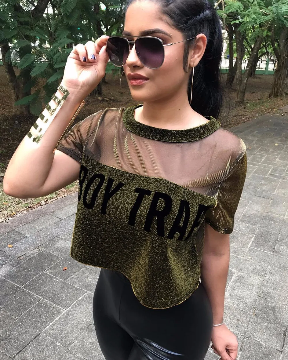 

T shirt Women Tops Summer O-neck T shirt Short Sleeve Letter Net Yarn Patchwork Green Short Sleeve T-Shirt LS6055