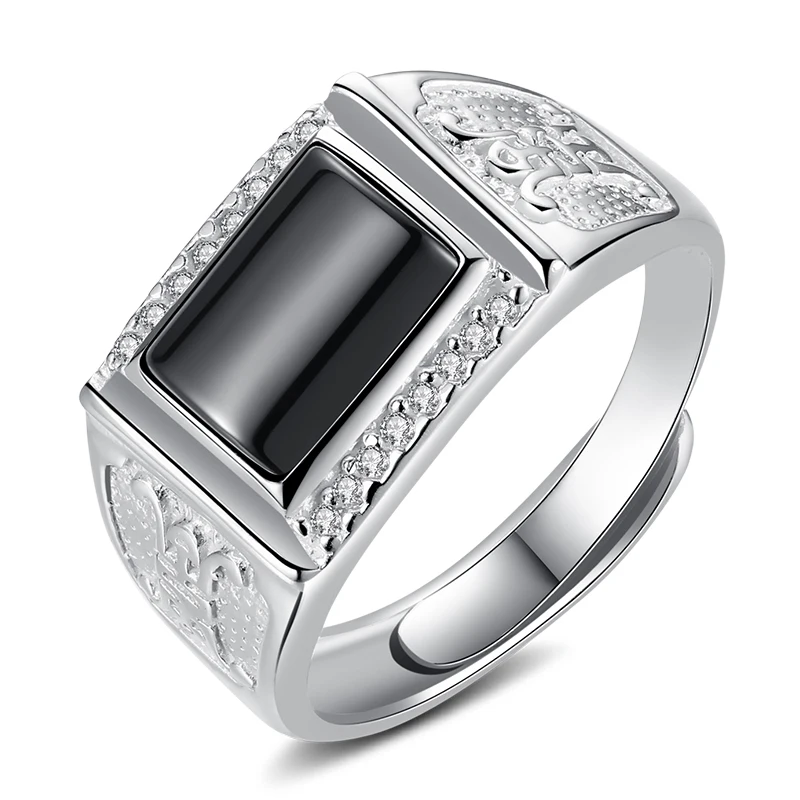 

Silver 925 jewelry diamond ring Men's accessories Black agate opening adjustable rings 925 sterling silver 999 silver men's