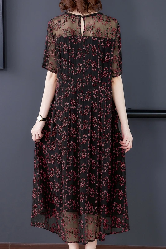 

Women Dress Summer Spring 2021 New Office Lady Fashion Silk Floral Print Short Sleeve Embroidery O-Neck Dresses Traf Robe