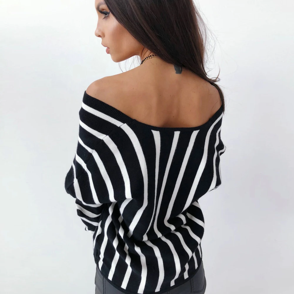 Женская футболка в полоску с длинным рукавом и v образным вырезом трикотажная