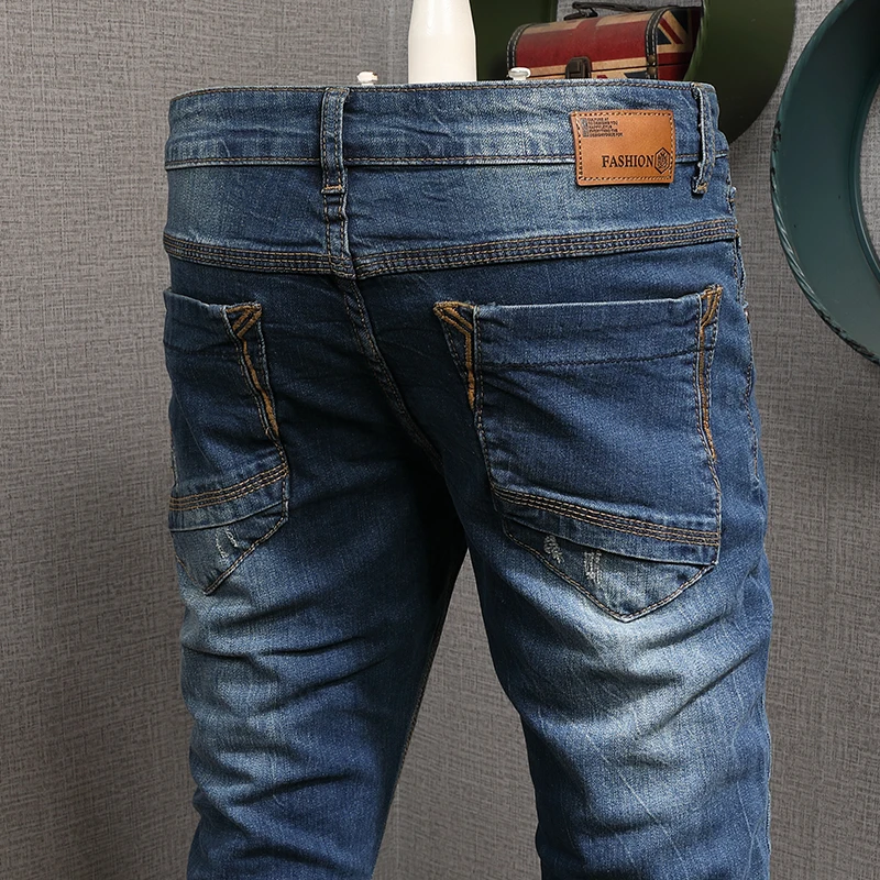 Mens Korean Style Blue Jeans Men Fashion Scratched Slim Fit Pencil Pants Cotton Denim Trousers