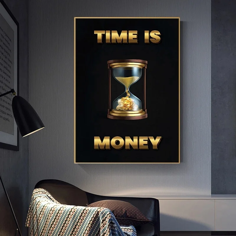

Time Is Money Enghlish Letters Hourglass Artwork Canavs Painting Motivational Statement Poster for Modern Office Home Wall Decor