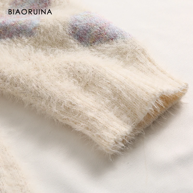 BIAORUINA Women's Heart Jacquard Beading Fluffy Thick Warm Knit Pullover O-neck Female Oversized Sweet Winter Sweater One Size | Женская