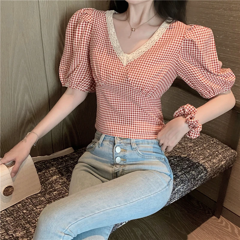 

Plaid Chiffon Shirt Women's Design Sense Non-mainstream 2020 Summer New French Style Retro V-neck Waist-Tight Puff Sleeve Top