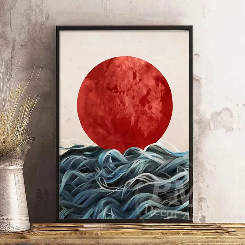 

Red Sun Wave Art Decorative Painting Nordic Abstract Wall Canvas Poster Prints for Modern Living Room Home Decoraion Mural