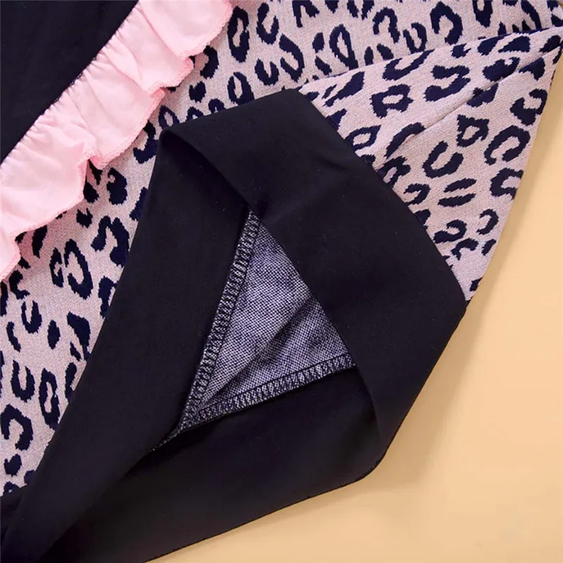 

2020 Toddler Girls Casual Sweatshirts Long Sleeve Crew Neck Leopard Patchwork Ruffle Trim Pullover Tops