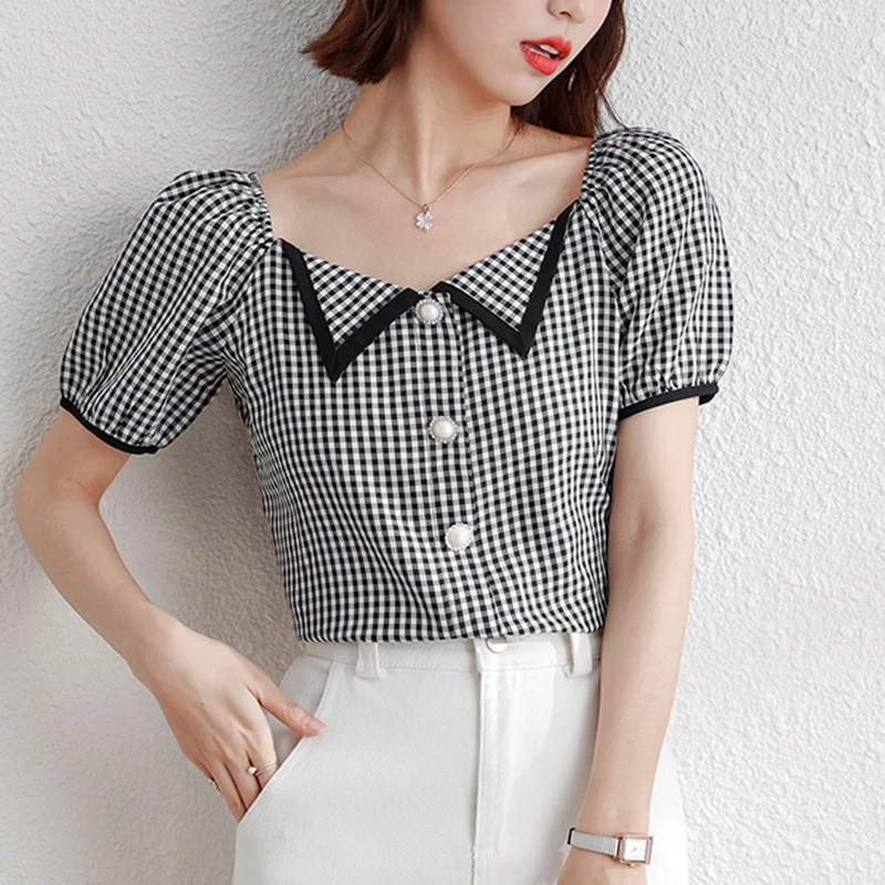 

LJSXLS Korean Fashion Clothes 2021 Vintage Square Collar Short Sleeve Chiffon Shirt Women Casual Summer Plaid Blouses Ladies Top