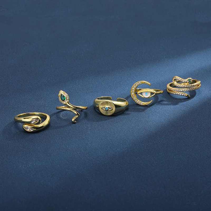 

Vintage Punk Zircon Snake Ring For Women Fashion Creative Crystal Pin Shape Star Demon Eye Open Finger Ring Accessories Jewelry
