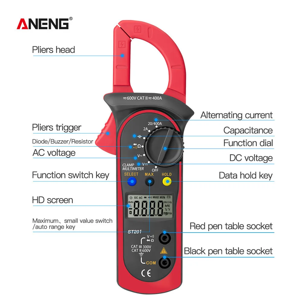 

ANENG ST201 Digital Clamp Profesional Multimeter Resistance Tester AC DC Ammeter Transistor Voltmeter non Contact current bokeh