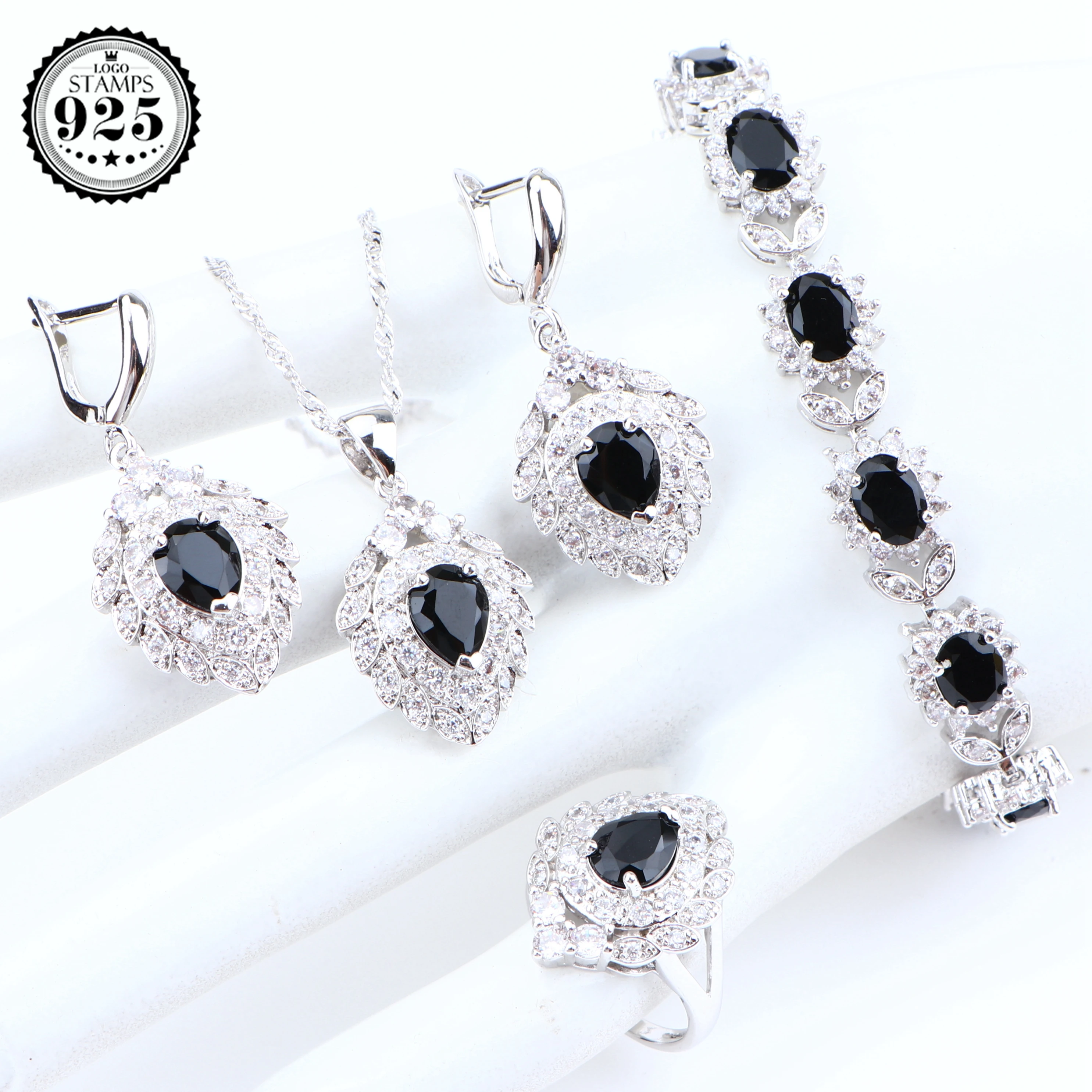 Набор свадебных украшений из серебра 925 пробы с черным кубическим цирконием