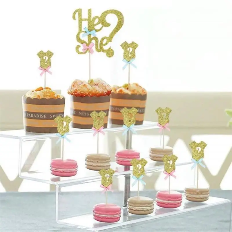 He Or She Gender Reveal Cake Topper Party Decoration Suppliers Girl Boy Bow Clothes Cupcake For Baby Shower Decor |