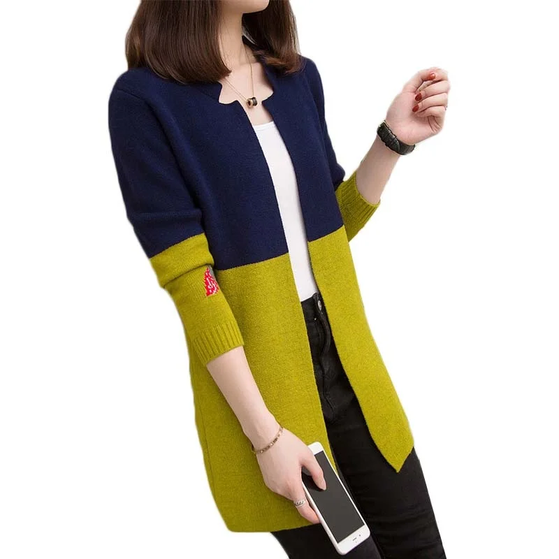 

Women's knitted sweater, Korean long sleeved jacket, wild color matching, medium length, loose top, spring and autumn