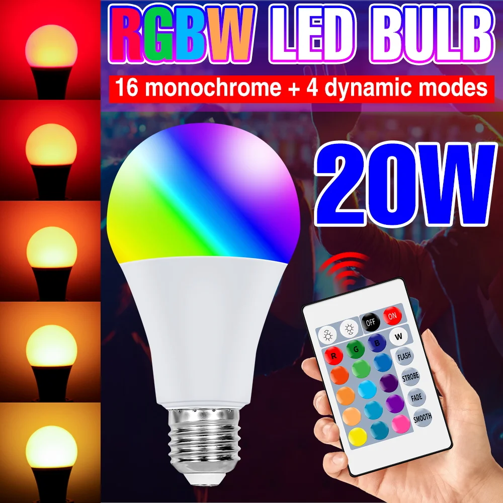 Bombilla LED RGB E27, 220V, 20W, 25W, Control remoto, lámpara colorida, RGBW,...
