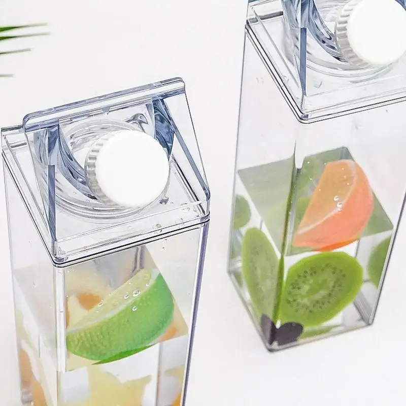 

Transparent Plastic Water Cup Reusable Square Milk Box Shaped Bottle For Fruit Juice Tea Drinking