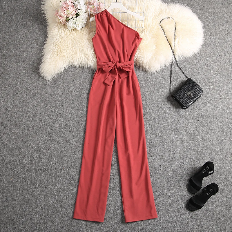 ALPHALMODA Oblique Shoulder Outfit Sashes Solid Color Slim Fit Ladies Elegant Party Jumpsuit Summer Fashion Rompers | Женская одежда