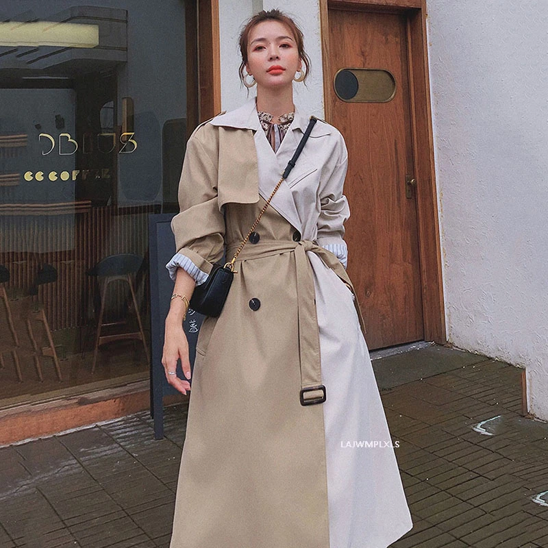 Женский плащ с поясом длинный двубортный свободного покроя весна-осень F33 2021 |