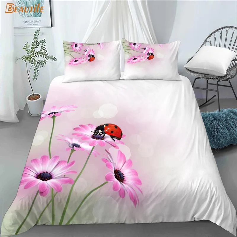 Funda n&oacute;rdica con estampado de mariquita y animales para ni&ntilde;os, juego de cama de tela de poli&eacute;ster con 2 fundas de almohada, 1009, gran oferta-4