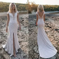 gorgeous mermaid wedding dresses 2021 front slit cap sleeve sheer neck lace appliques button boho bridal gown sweep train