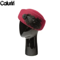 caluriri top quality fedora hat retro feather decor winter wool top hat felt stewardess hat stage hat performance prop hat