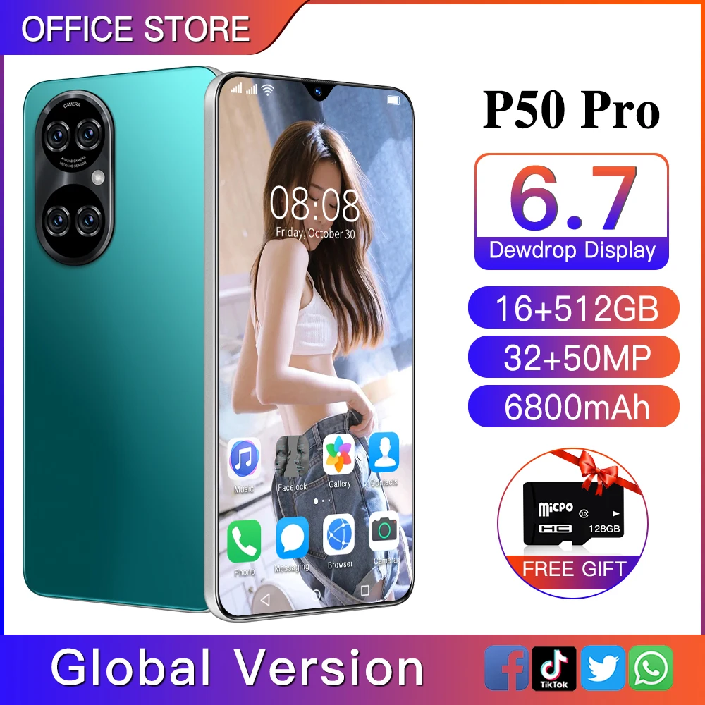 

Hot Sale P50 Pro Global Version 6.7 Inch Screen 16GB 512GB Android11.0 Snapdragon 888 Face ID 6800MAH Mobile Phone