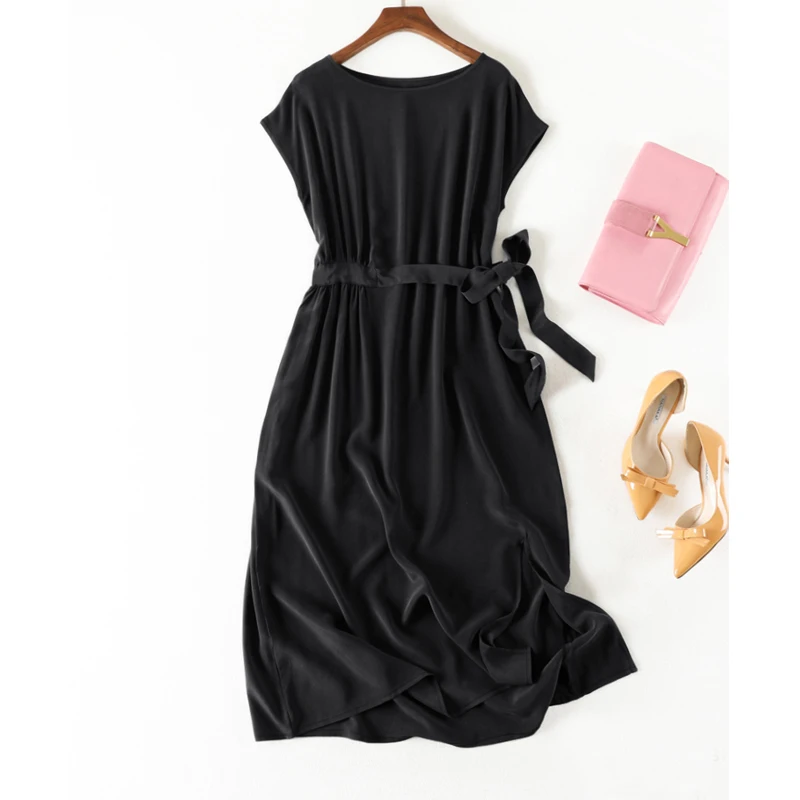 

SHUCHAN Black Summer Dress Women Natural Silk Back To The Basics Straight Sashes Mid-Calf Raglan Sleeve Slash Neck