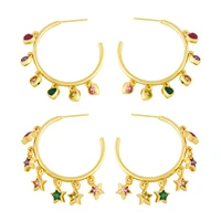 fashion gold plated rainbow zirconia star heart charm big round hoop earrings for women jewelry circle piercing huggie earring