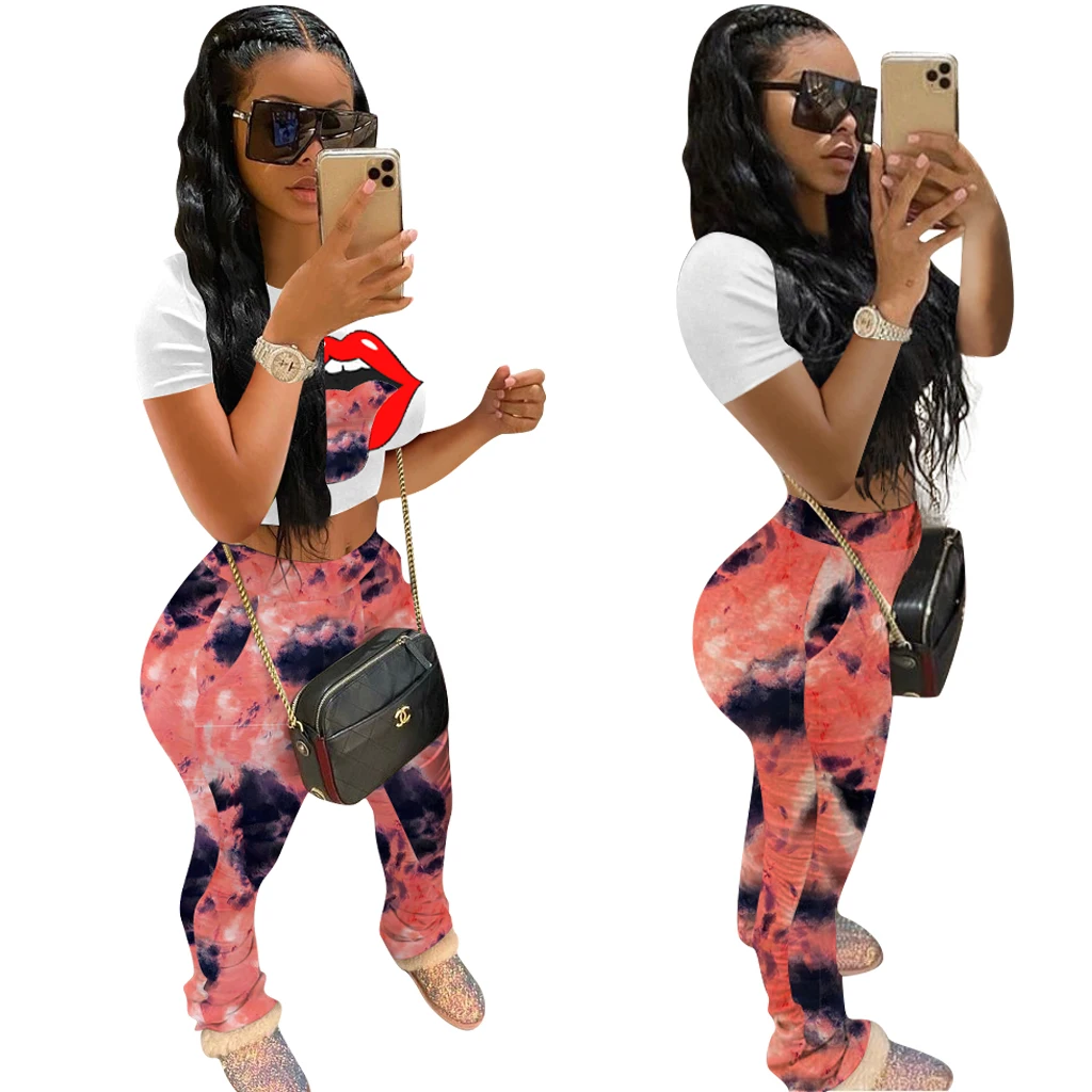 

Qm4299 spring and summer European and American women's lips mixed dye printed pleated pants set two piece with pocket available