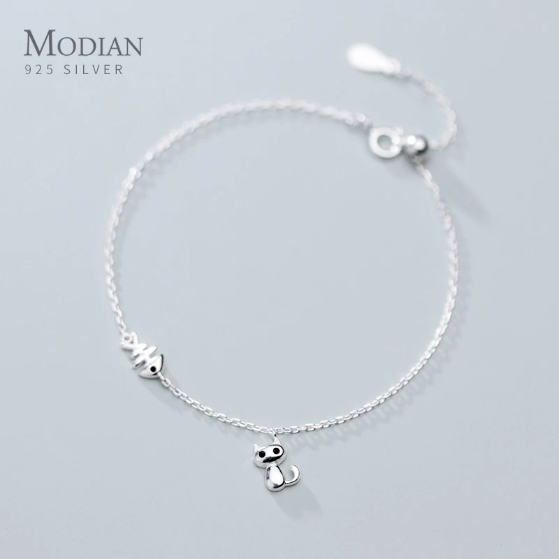 

Modian Fashion Simple 925 Sterling Silver Sweet Cute Animal Cat with Fish Bones Bracelet for Women Girl Link Chain Fine Jewelry