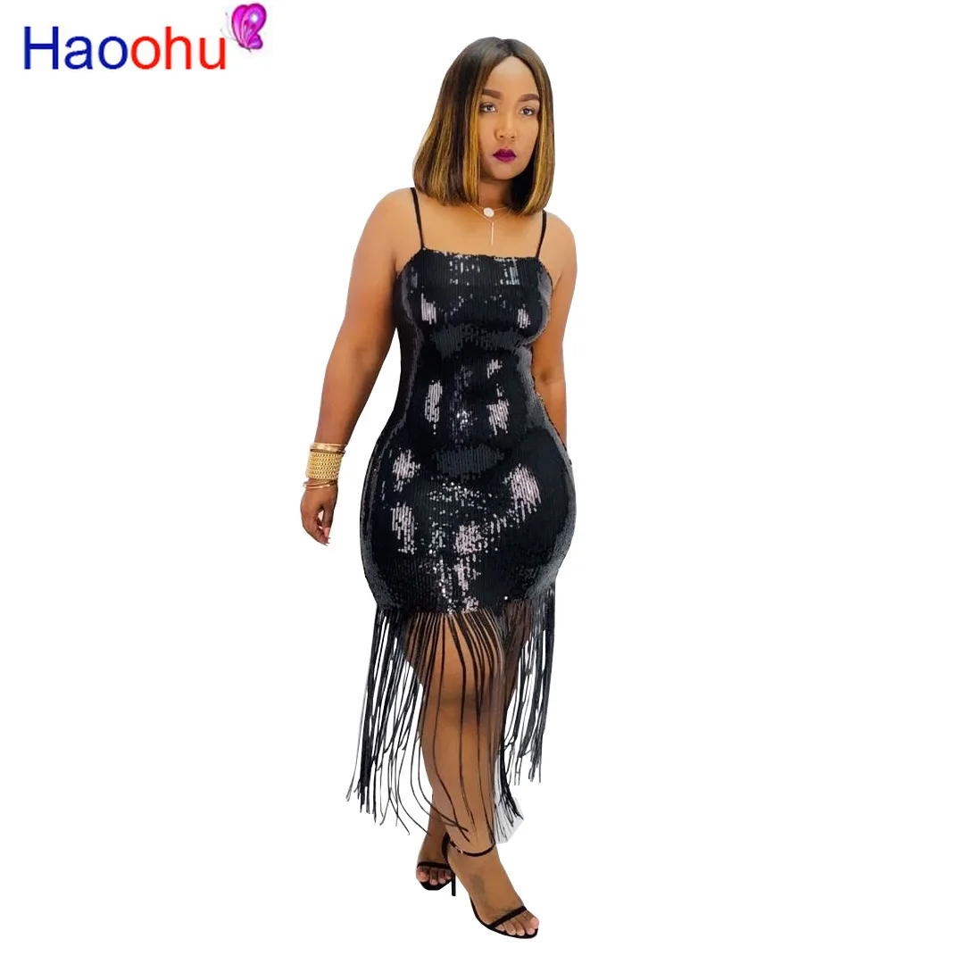 

Women winter Full Sleeve Bodycon Sequined Tassel dress Strap Sexy Casual club night party bandage dresses