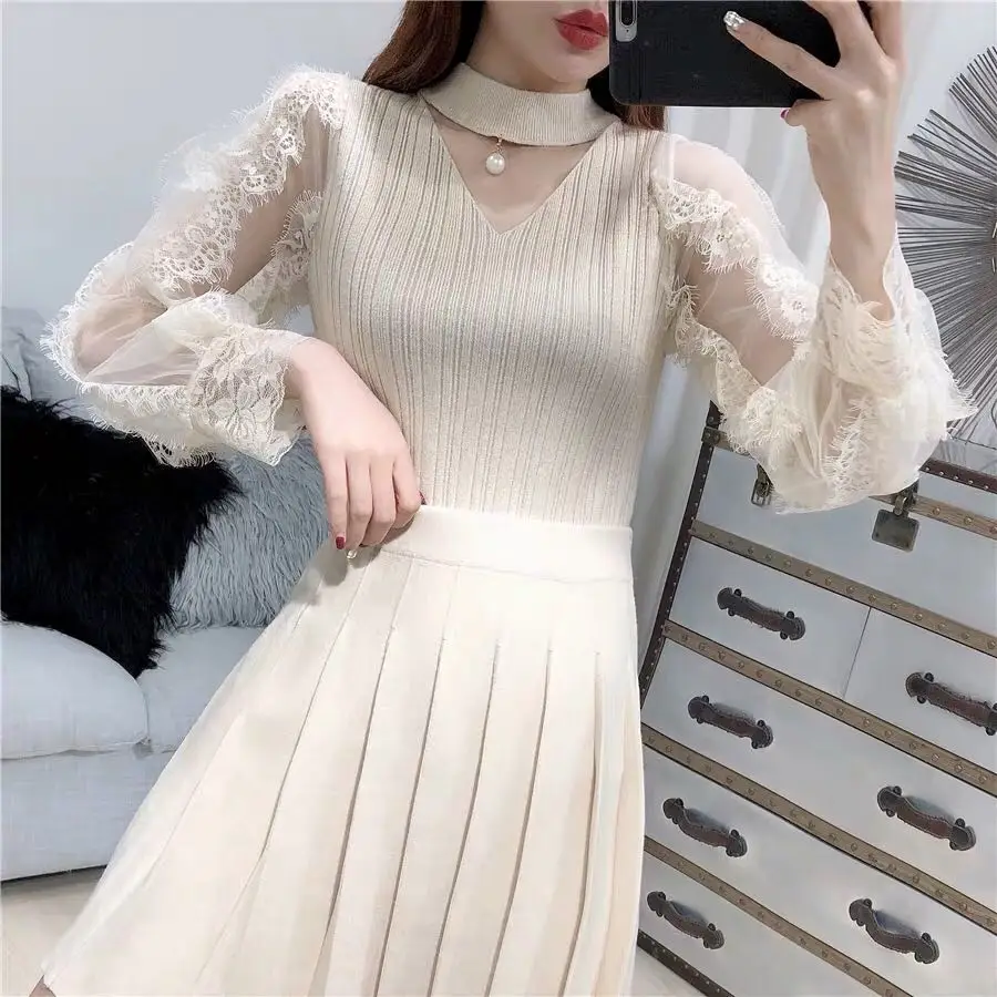 ALPHALMODA Новая мода кружевной фонарь рукав яркий Шелковый вязаный обтягивающий свитер изящный женский милый кружевной свитер Мода Outfi