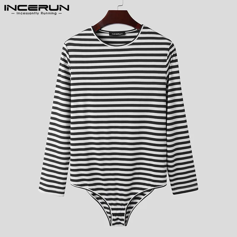 

INCERUN Для мужчин Боди в полоску Футболки для отдыха с длинными рукавами и круглым вырезом; Домашняя одежда; Топ сексуальные комбинезоны для ф...