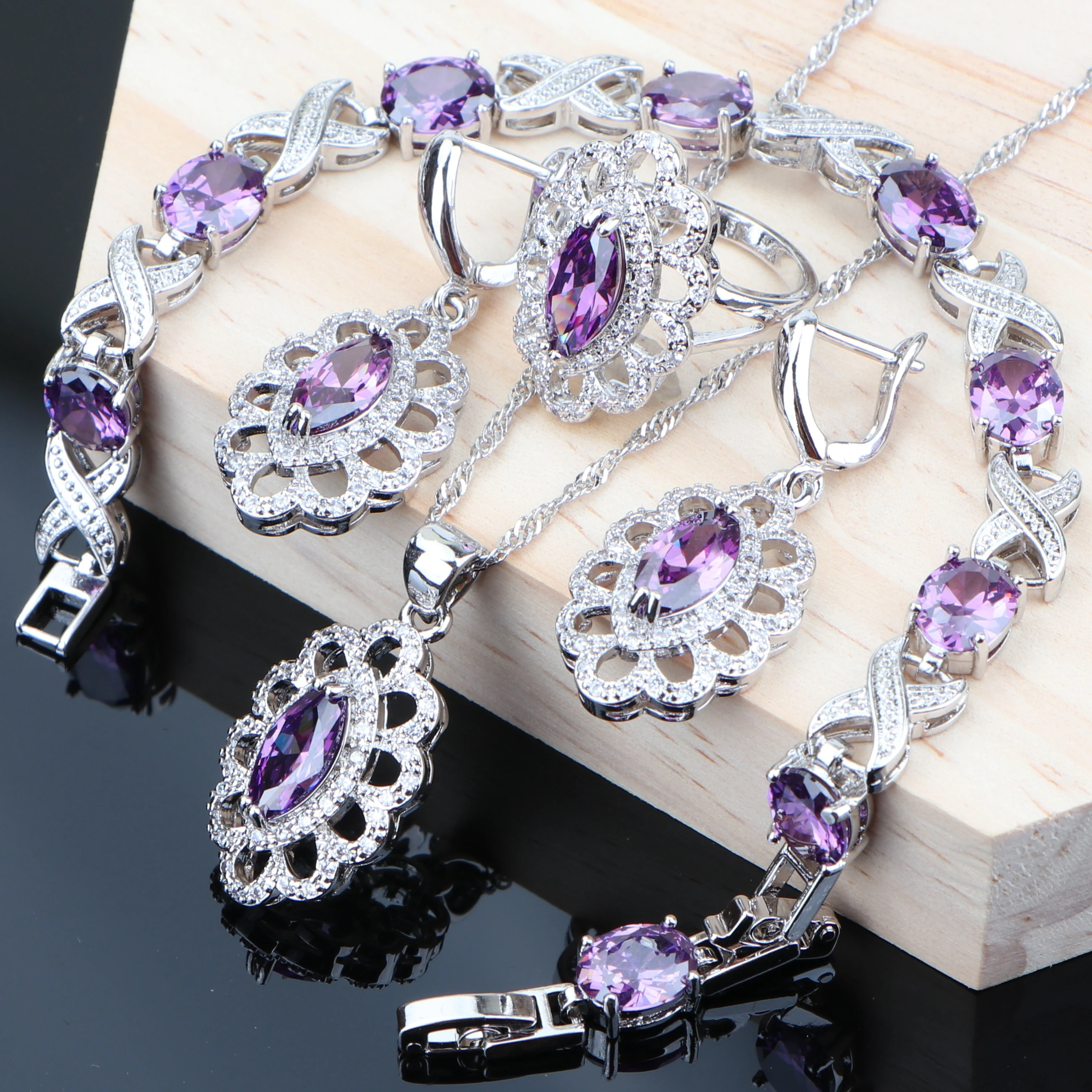 Роскошные фиолетовые циркониевые Свадебные Ювелирные наборы для женщин серебро