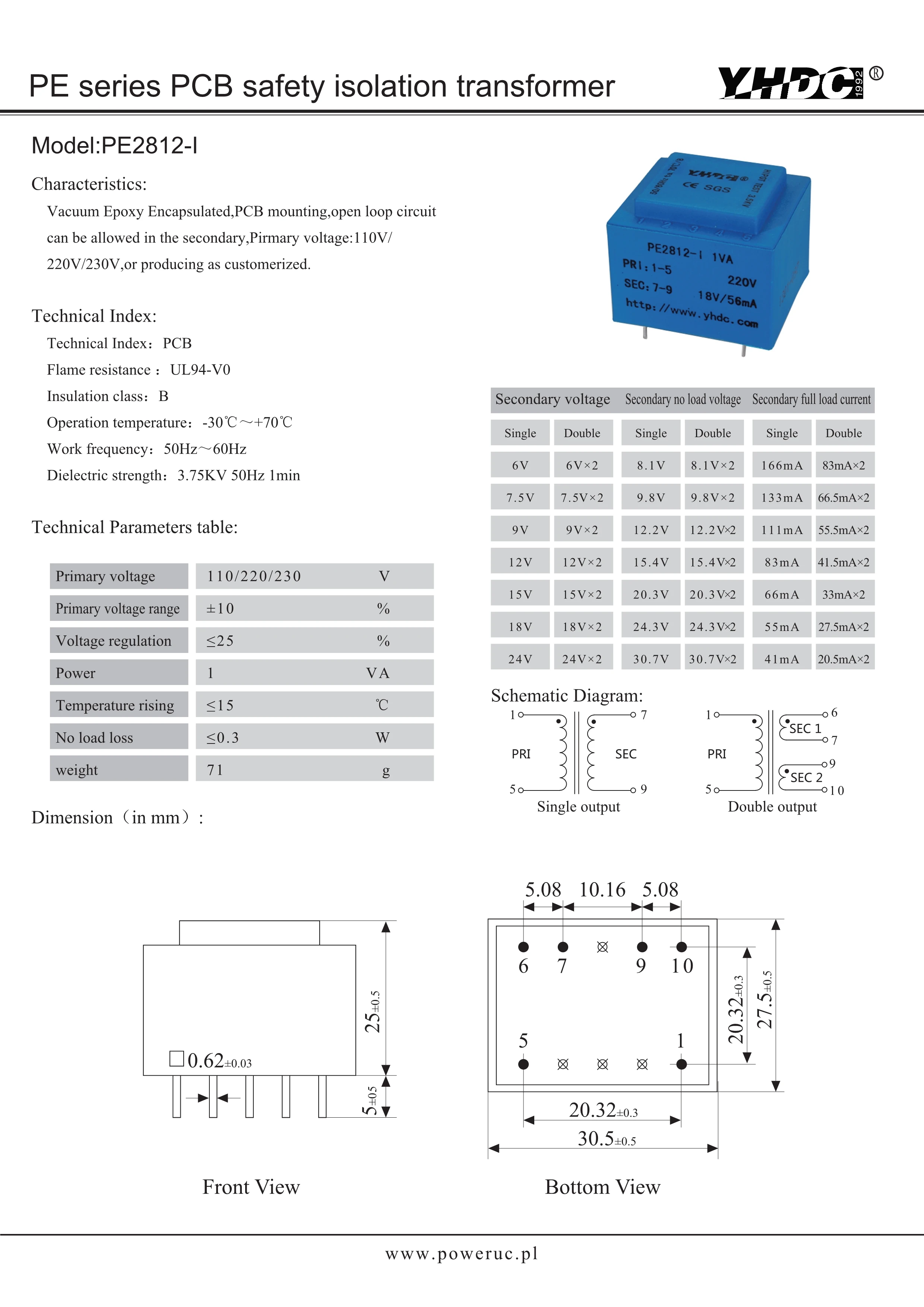 PE2812-I производитель 1VA/220V/18V PCB mount Инкапсулированный трансформатор | Обустройство