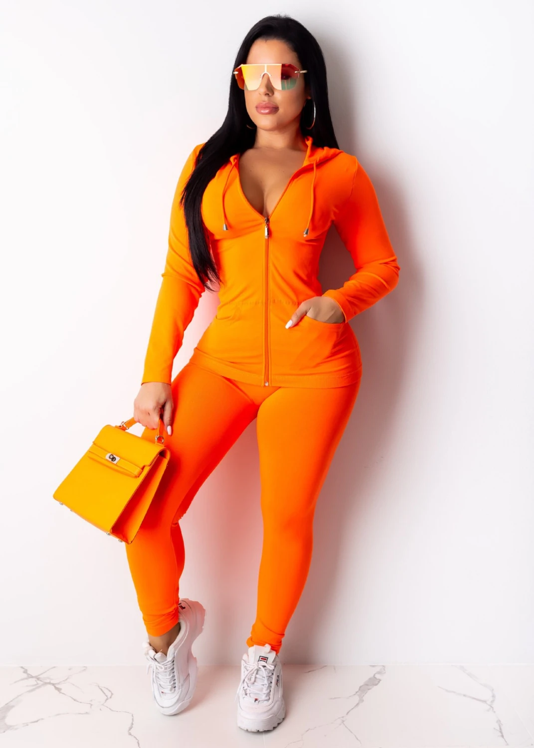 neon Orange B Куртки с капюшоном, комплект из 2 предметов, женская одежда на осень и зиму, топ и спортивные штаны, спортивный костюм, комплект из двух предметов, комплект одежды - Цвет: neon Orange B