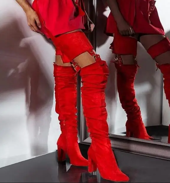 Red Yellow Black Suede Woman Pointed Toe Over The Knee Buckles Sexy Pants Belts Boots High Heel Square Toe Long Boots Lady