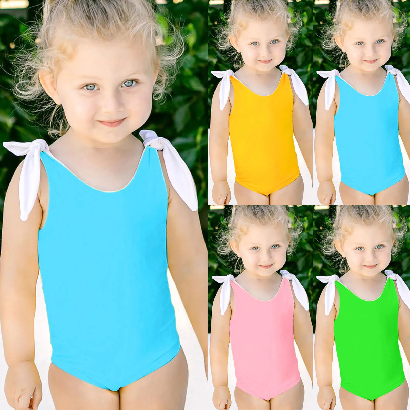 

2021 Toddler Kids Baby Girl Bikini Solid Shoulder Tie One-Piece Swimwear Swimsuit Beachwear купальник для девочек bambina