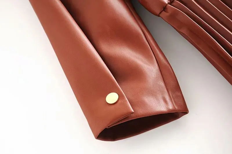 Женское платье с круглым вырезом CFK элегантное коричневое из искусственной кожи