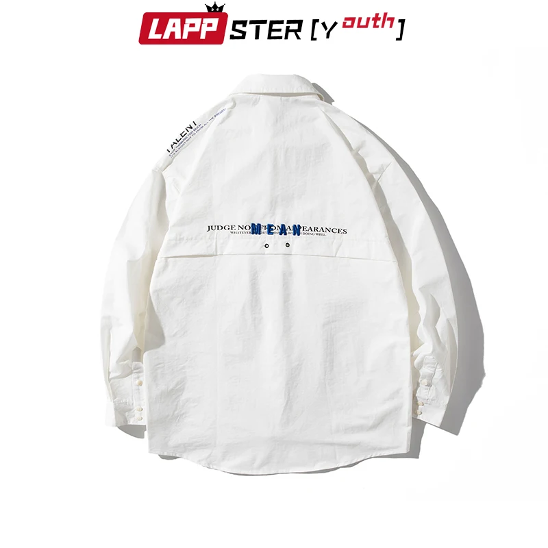 LAPPSTER Men Solid Korean Shirts 2020 Mens Pockets White Streetwear Long Sleeve Male Dress Regular Fit Clothing | Мужская одежда