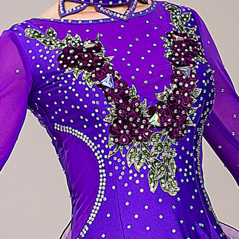 

2020 New Ballroom Dance Competition Dresses Tango Waltz Dress Flamenco Standard Dance Dresses with Rhinestones Big Sheer Hem
