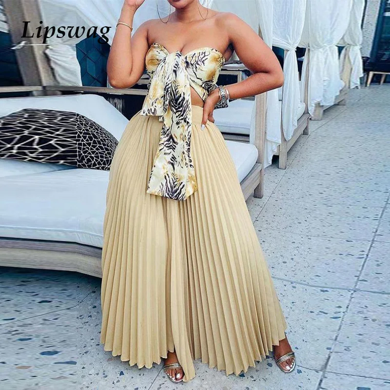 

2021 Sexy Tie-Up Bandeau Strapless Crop Tops And Pleated Skirt Suit Elegant Loose Women 2 Piece Set Summer Fashion Dress Outfits