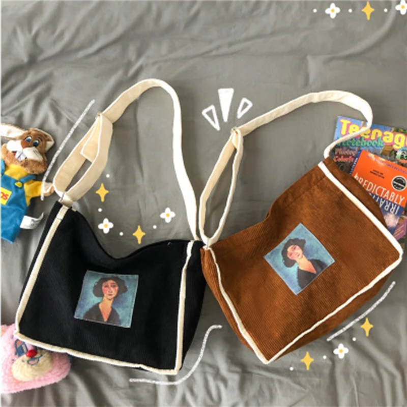 

Designer Oil Painting Corduroy Women's Shoulder Bags Zipper Bookbag Eco Cloth Tote Handbags for Girls Shopping Bag Purse
