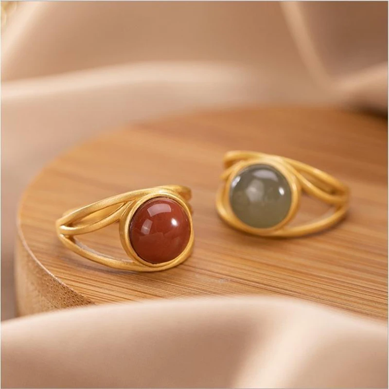 

New design ancient gold craftsmanship inlaid natural Hetian round jade ladies irregular hollow opening adjustable ring