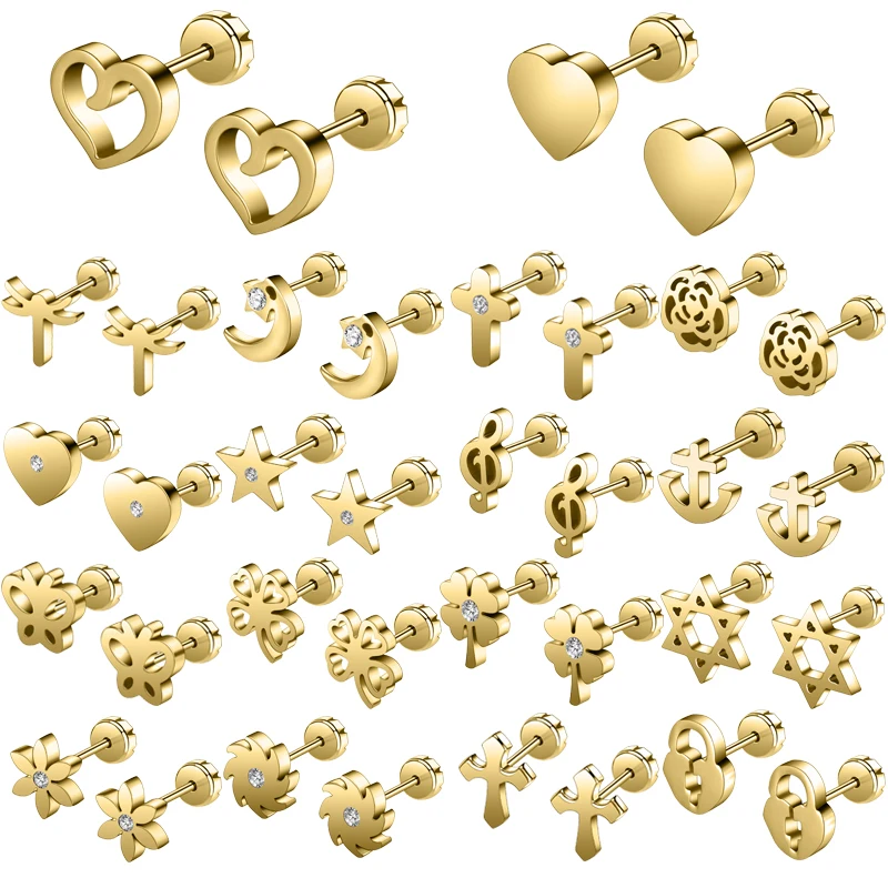 

ZS Children Ear Studs Gold Sliver Plated Studs Earring Stainless Steel Earring Girl Crystal Ear Piercing Heart Clover Star Shape