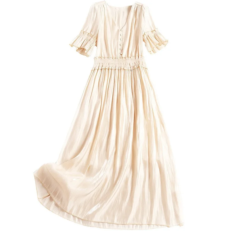 

Long Solid Bright Silk V Neck Button Butterfly Sleeve Slim Chiffon Casual Summer Women Dress