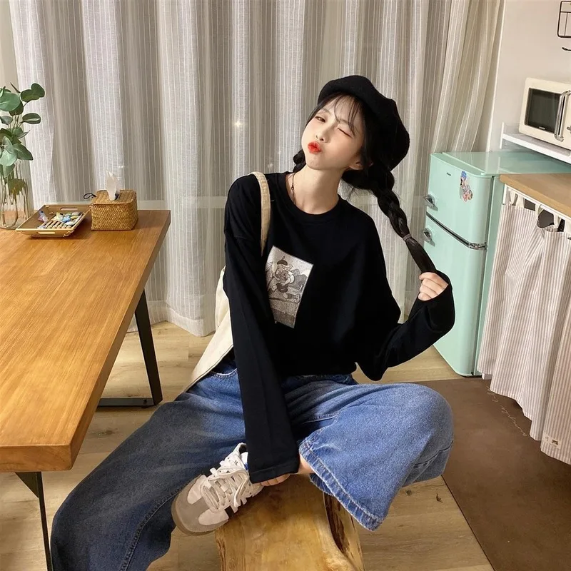 Футболка женская с длинным рукавом свободный хлопок Повседневная Элегантная