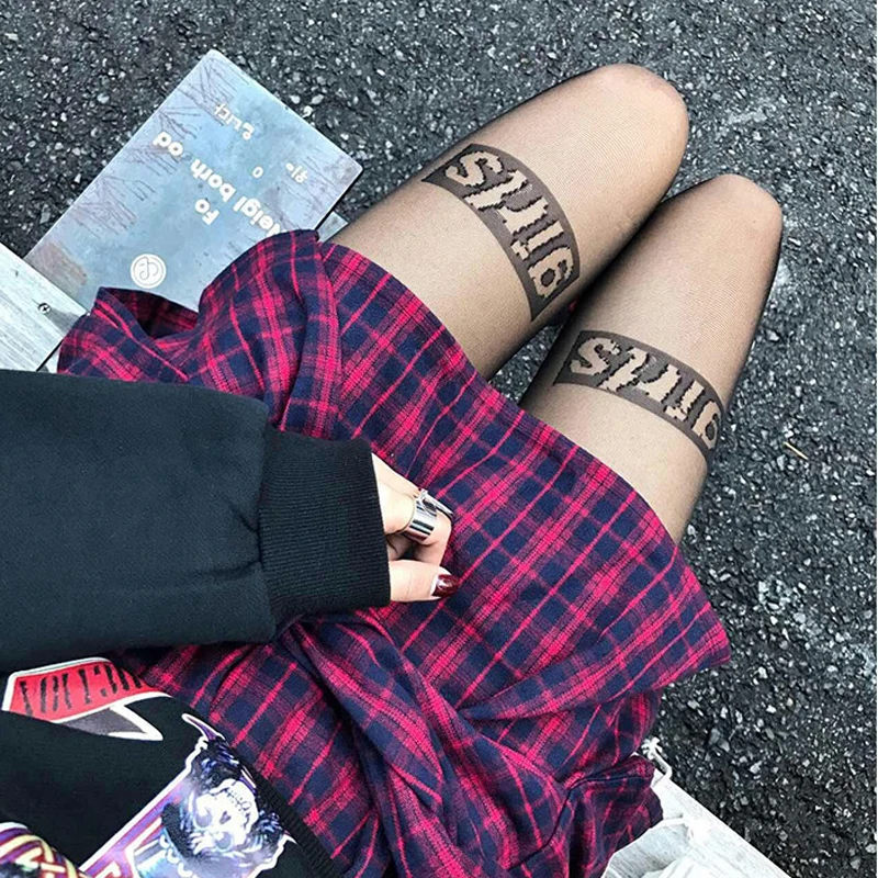 Весна осень женские блестящие черные тату чулки с надписью ins сексуальные