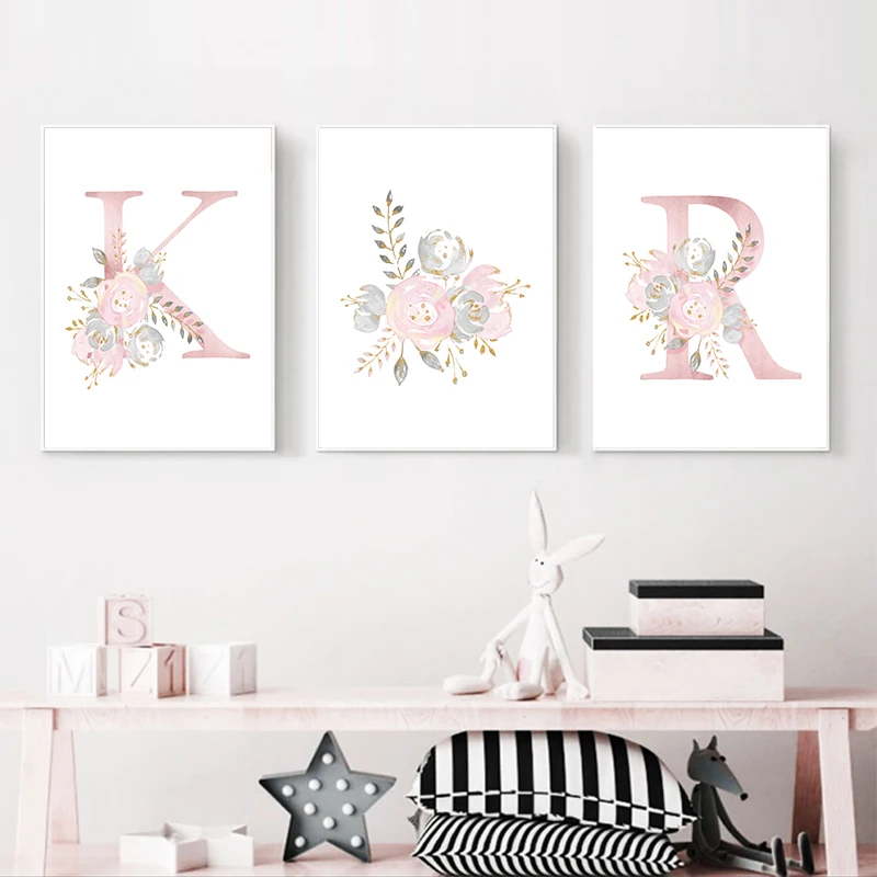 

Baby Posters Personalized Girl's Name Custom Poster Nursery Prints Pink Flower Wall Art Canvas Painting Pictures Baby Room Decor