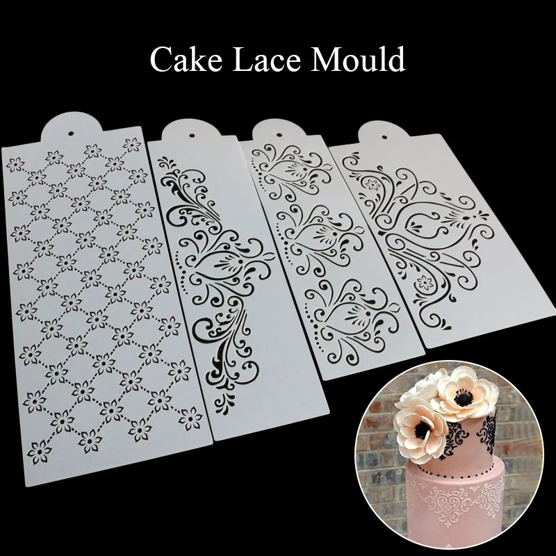 

4Pcs/Set Plastic Flower Fondant Cake Stencil Mould Border Lace Decor Icing Sugar craft Tools Mousse Brim Baking Hollow Stencil