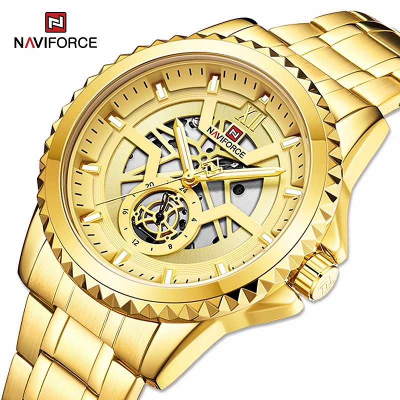 

Часы наручные NAVIFORCE Мужские кварцевые, повседневные деловые водонепроницаемые спортивные с календарем, из нержавеющей стали, светящиеся бо...